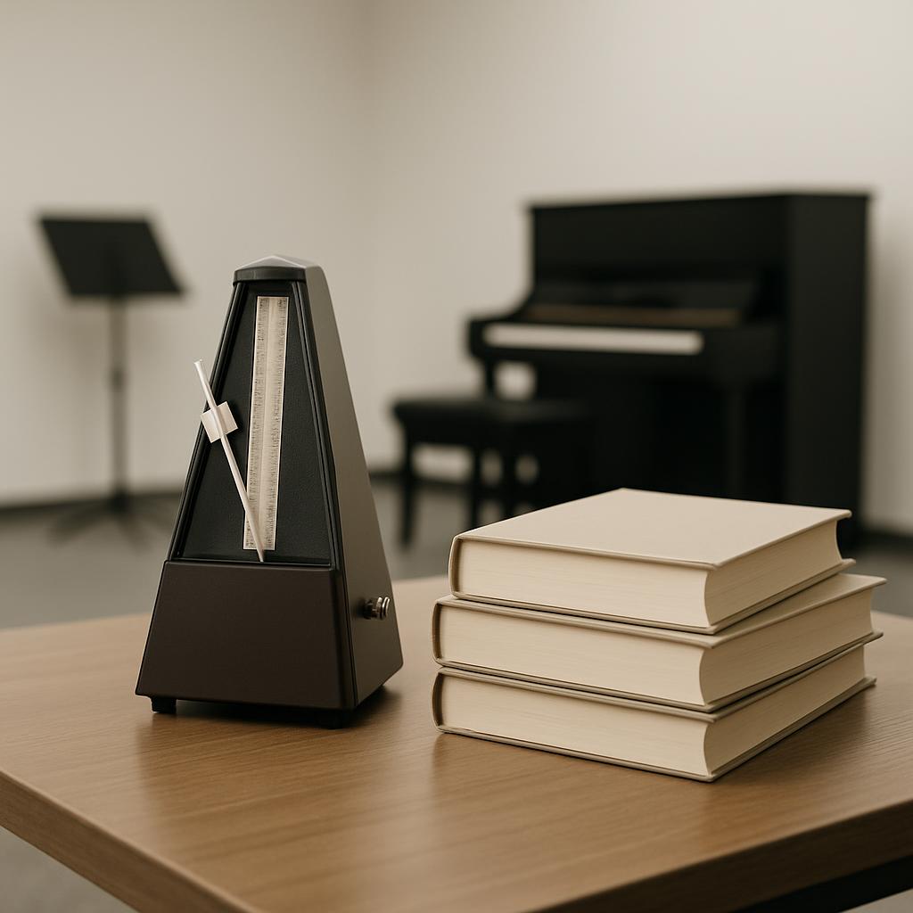 In this picture you will see a large stack of books next to a black metronome in the form of the Musical Geometric Peak, a...