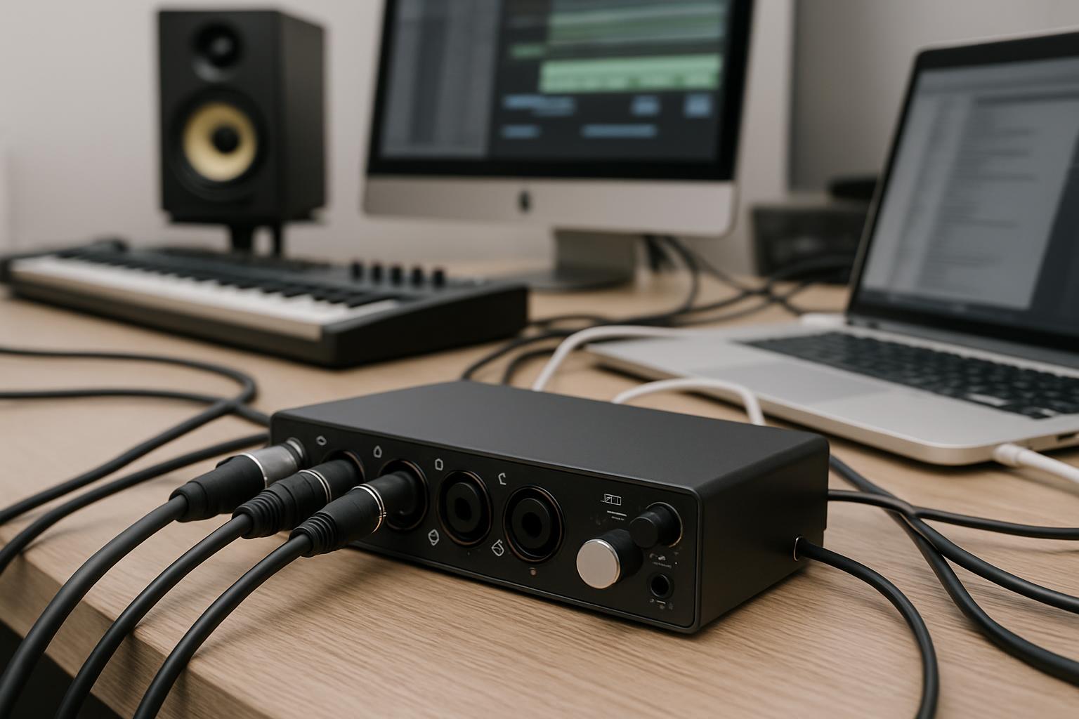 An audio interface and cables on a desk with computers and a keyboard in the background.