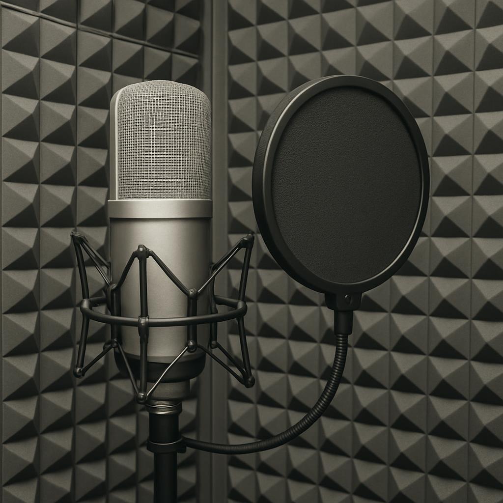 A silver microphone with a black pop filter against a sound-absorbing acoustic padded wall.