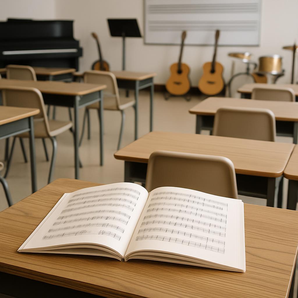 Open book on desk in a music classroom with guitars and piano in the background.