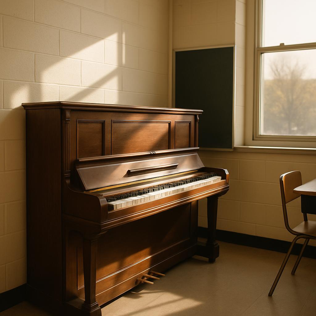 A room with a piano, featuring wooden furniture and a window with daylight shining in.