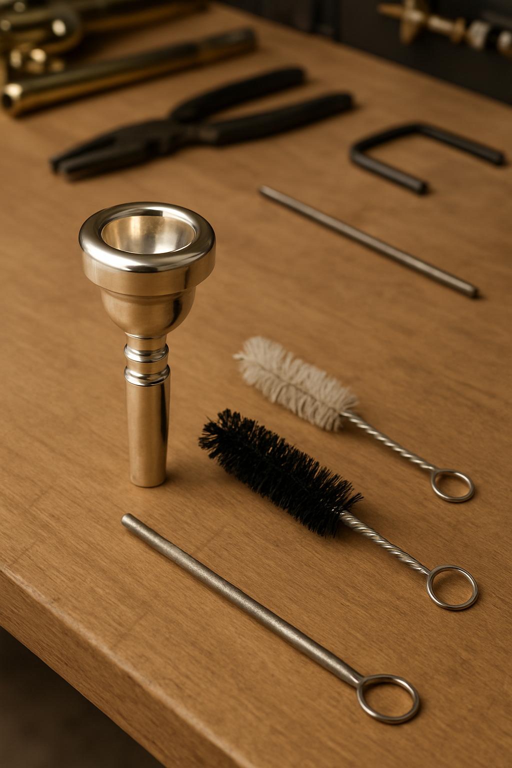 The alt text for this image is: "Mahogany shelf with assorted silver metal brass tools".