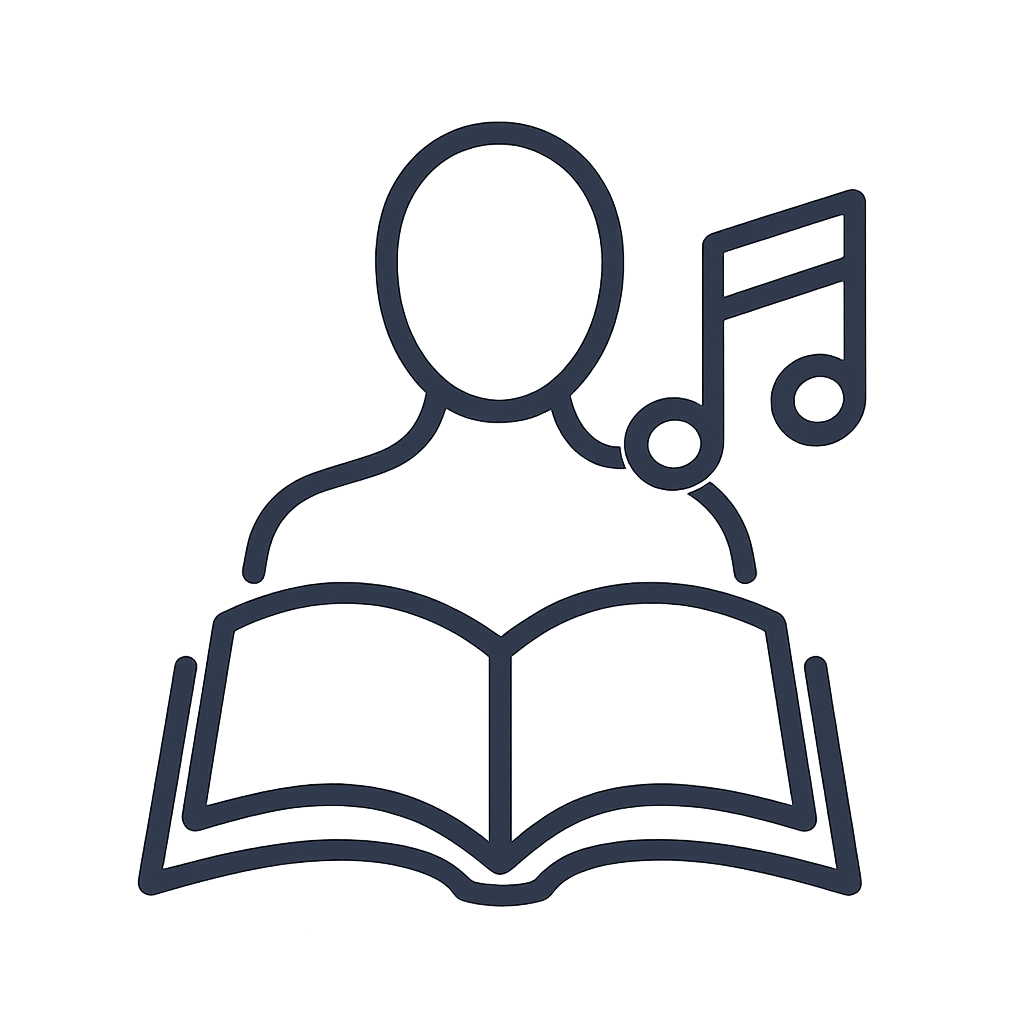 A line drawing of a person reading a book with a musical note symbol next to them.
