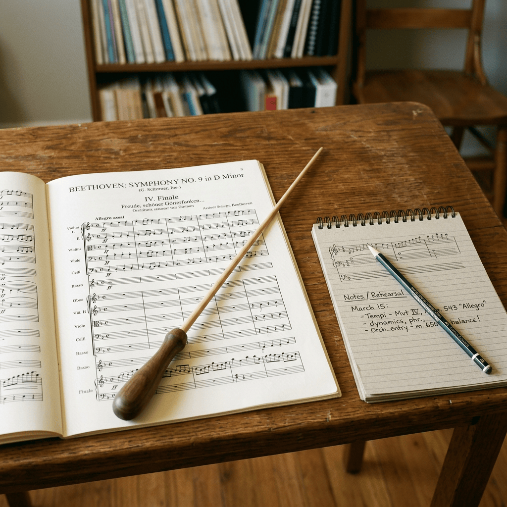 Open Beethoven Symphony No. 9 score with baton and rehearsal notes